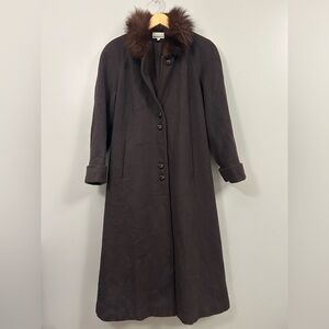 Lorovi Vintage Dark Brown Wool Trench Coat with Blue Fox Fur Collar Size 4